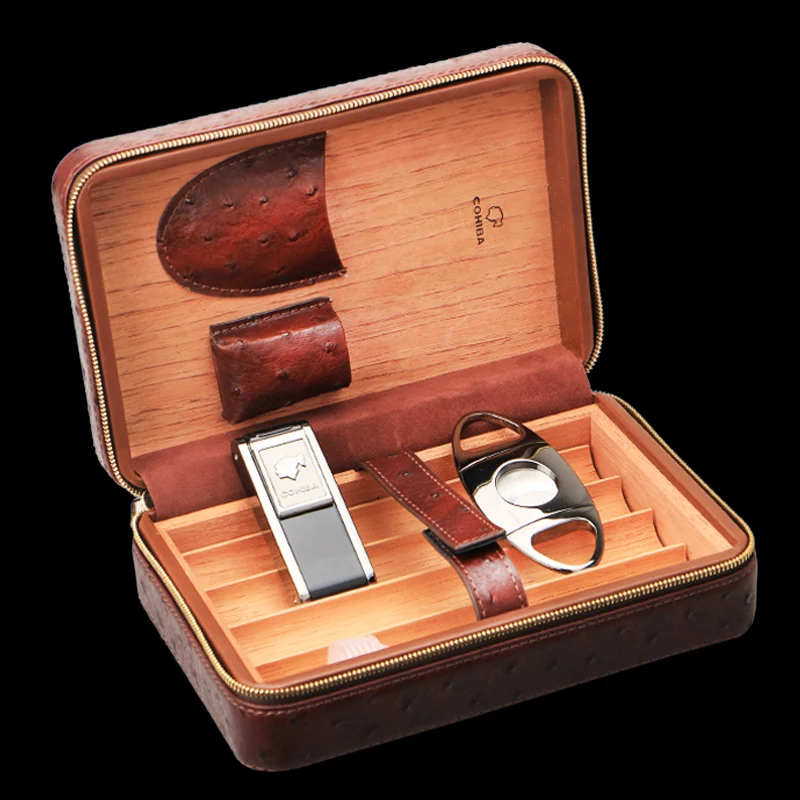 COHIBA Portable Travel Use Wooden Lining Leather Cigar Humidor Two Type For Choose W/ Cigar Cutter and Two Cigar Hoder