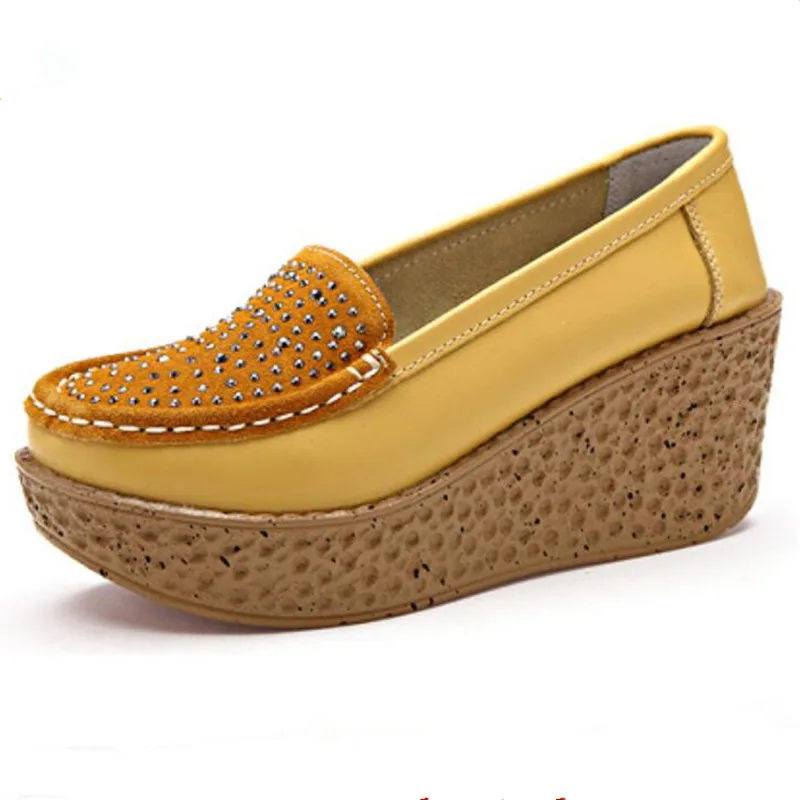Femme jaune Véritable Hauts Pente Confortable forme Mode Bleu orange De Avec À Nouveau Cuir Strass Plate Femmes Chaussures 2018 En Élégant Talons Des 6fqBwwT