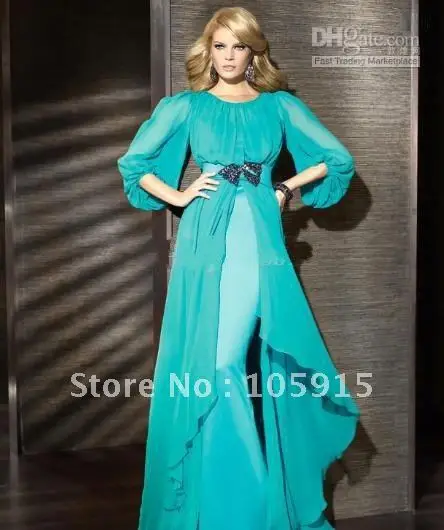 Custom Made Elegant Long Sleeves Layered Floor Length Formal Gowns Vintage Green Musilm Evening Dresses MP-122 | Свадьбы и торжества