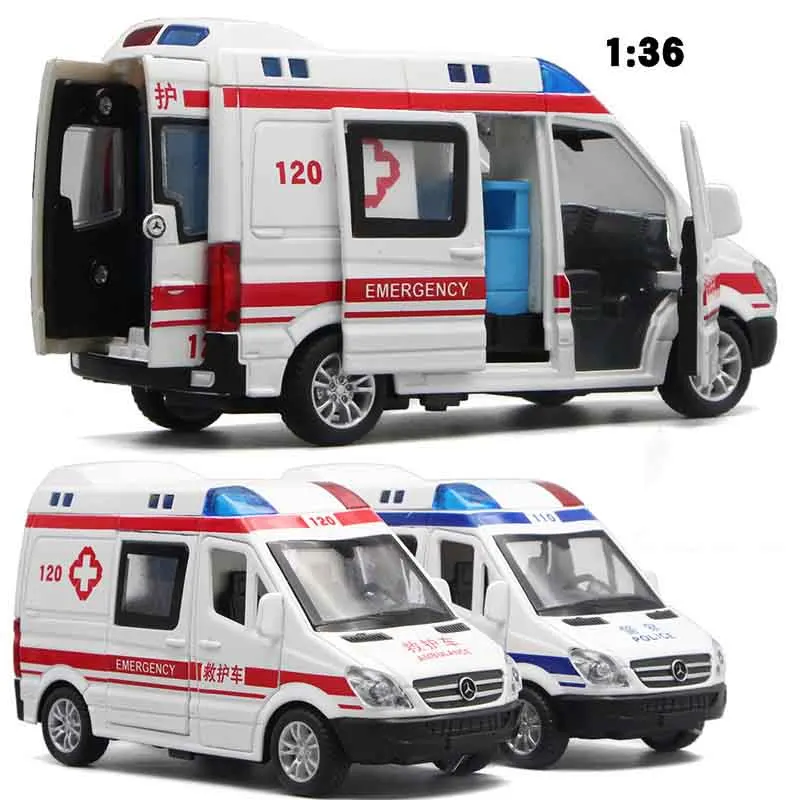 1:32 Hospital Rescue Ambulance Police Metal Cars Model Pull Back Sound and Light Alloy Diecast car toys for children With Box