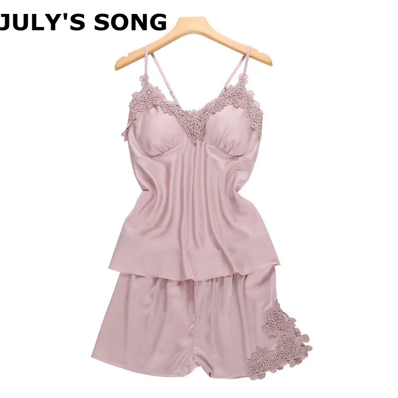 

JULY'S SONG Pink Women's Sleepwear Sexy Satin Pajama Set Summer Autumn Pajama Women Lace Sleeveless Homewear Floral Neck