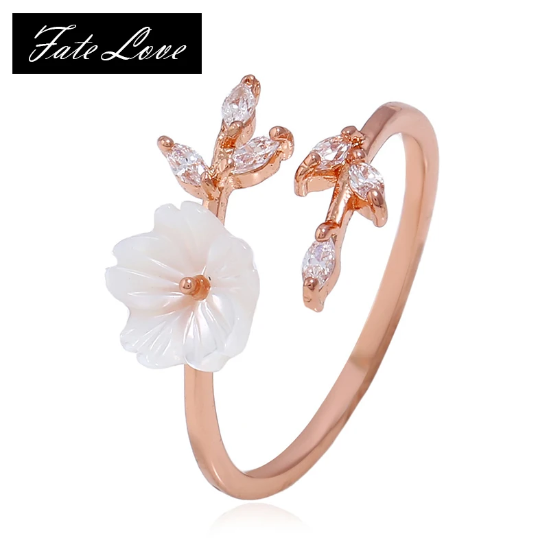 

Korean Style Zircon Crystal Leaf Shell Flower Ring for Women Open Ring Rose Gold Color Finger Ring Ladies Girl Jewelry Wholesale
