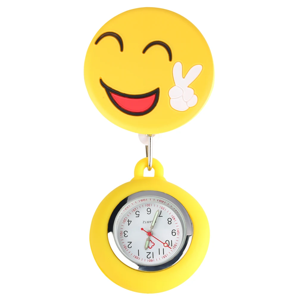 Креативные желтые смайлик знак победи карманные часы для медсестер для дам кварцевые светящиеся функции Подвесные часы подарок для докторов