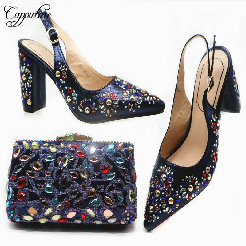 

Capputine New African Woman Shoes And Purse Set Italian Decoration With Stone Squre Heels Party Shoes And Bag Set On Stock