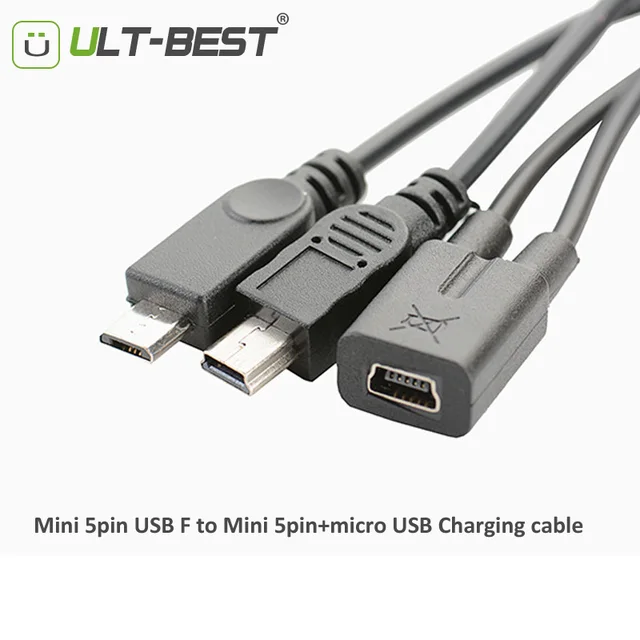 ULT-Best Mini USB 5Pin Female to mini usb 5pin male + micro USB male Y Splitter 1 to 2 Converter Charging Cable 30CM