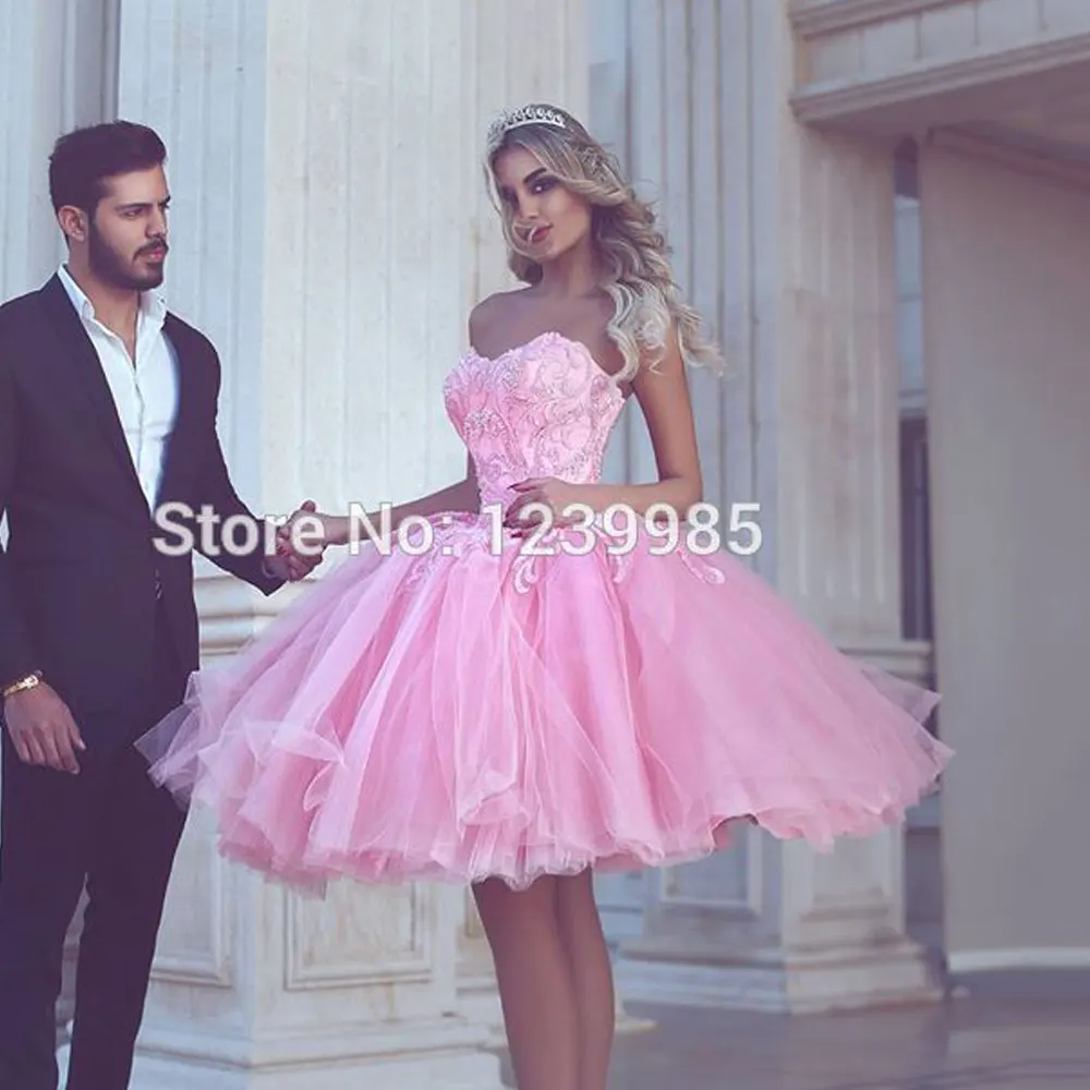 

Elegant Pink Short Ball Gown Prom Dresses Tulle Sweetheart Evening Party Gown Said Mhamad Appliques Zipper Back Homecoming Dress