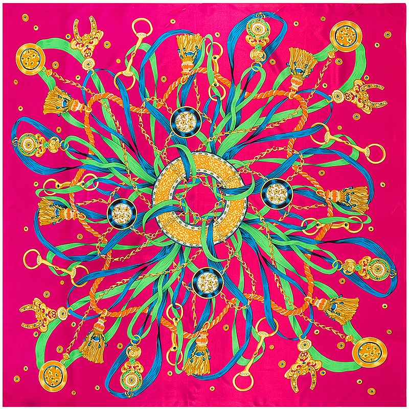 

130*130CM 100% Silk Scarf Women 2017 Spain Royal Chain Print Neckerchief Melt Silk Foulard Square Scarves Luxury Brand Bandana