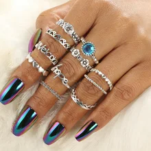 Anillos de plata de ley 2018 de alta calidad para nudillos de corazón y letras de plata Vintage para mujer, anillos de dedo MIDI de cristal tallado AZUL 1 juego = 11 Uds