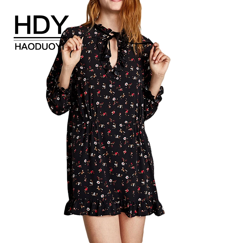 

HDY Haoduoyi Flower Print Swing A Line Summer Dress Long Sleeve Spring Multicolor Floral Calico Print Keyhole Sleeve Dress Lady