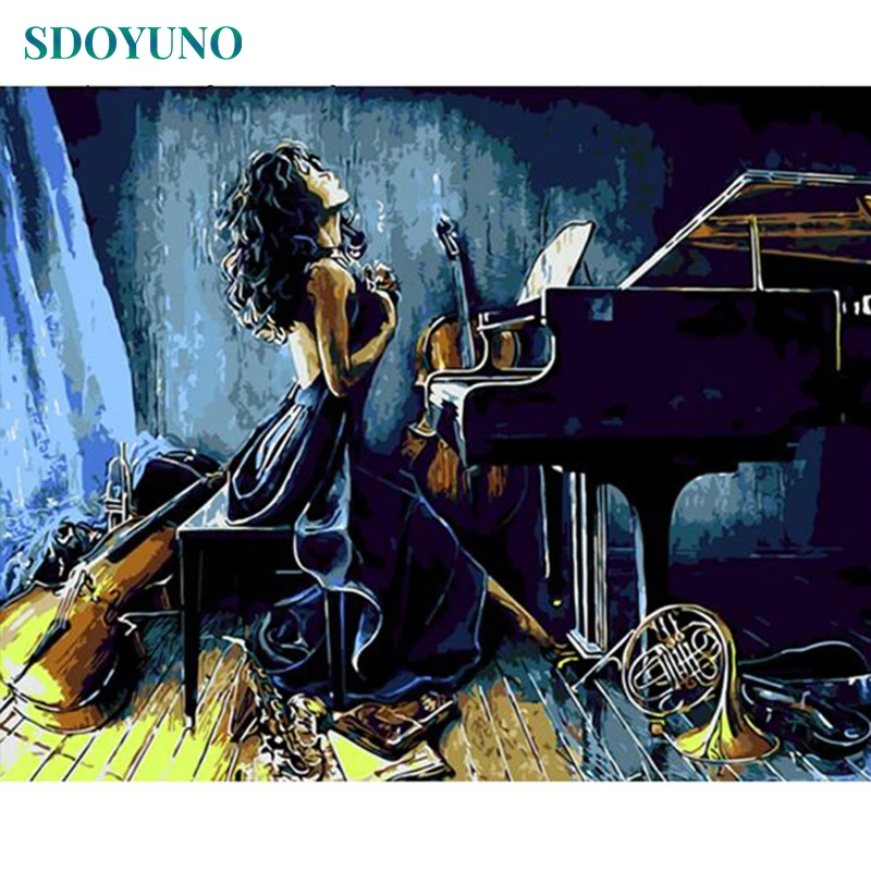 

SDOYUNO Frame DIY Painting By Numbers Kits Piano Women Figure Painting Acrylic Paint On Canvas Painting & Calligraphy 40x50cm