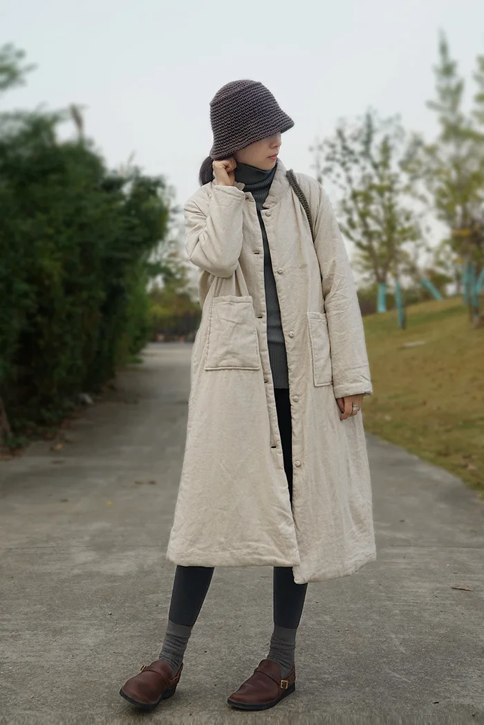 SCUWLINEN зимняя куртка женская винтажная однотонная свободная длинная парка со стоячим воротником с хлопковой подкладкой мужское повседневное толстое теплое пальто M668