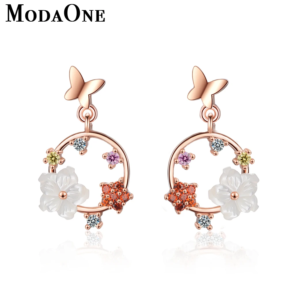 

ModaOne Lovely Butterfly Flower Rose Gold Stud Earrings For Women Girls Luxury Nature Shell Korean Cubic Zirconia Earring Aretes