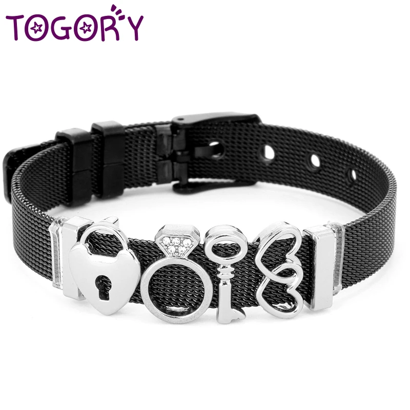 

TOGORY Silver Key & Lock Charms Bracelet Bangles with Stainless Steel Mesh Fine Bracelets For Women Wife Jewelry As Best Gift