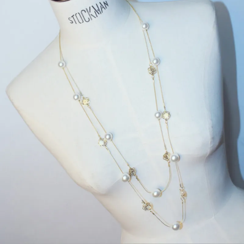 

SHIFEEL 2018 New Fashion Pearls Crystal Rose Flowers Clovers Double Multilayer Chain Necklace Women Long Sweater Chain choker