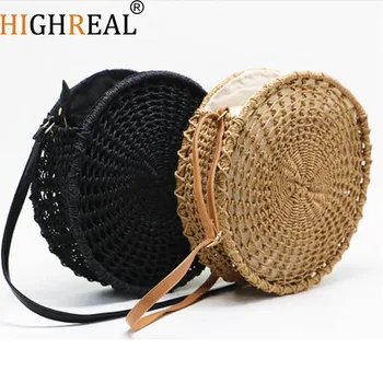 

HIGHREAL Round Straw Bags Women Summer Rattan Bag Handmade Woven Beach Cross Body Bag Circle Bohemia Handbag Bali Dropship