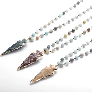 

Fashion Amazonite Stones Rosary Chain Arrowhead Pendant Necklace Handmade Women Natural Stone Bead Neck