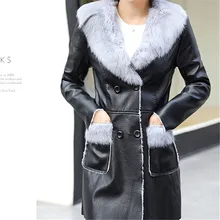 PU Moto корейский стиль длинное пальто куртка-бомбер тонкое зимнее женское базовое пальто модная черная куртка меховая кожа