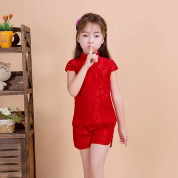 

Red Chinese Girl's Double lace Cheongsam Collar Sets Traditions Chinese Style Shorts suit Vestidos Sweet princess Suit