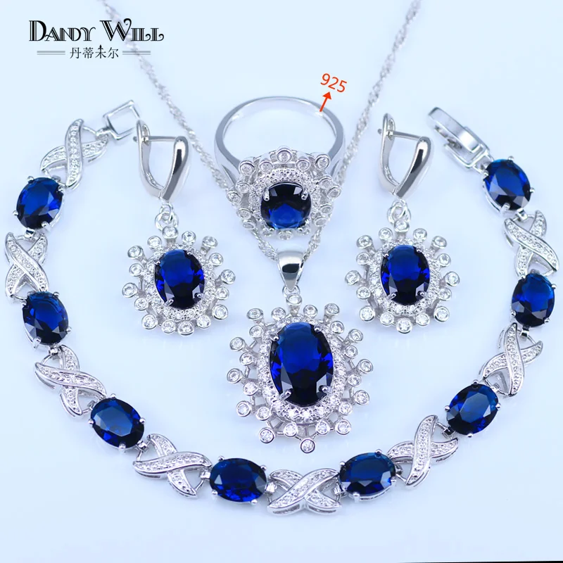 

Best Wedding Gift For Women Blue Stones CZ Jewelry Sets 925 Stamp Silver Color Jewelry Earrings/Pendant/Necklace/Rings/Bracelet