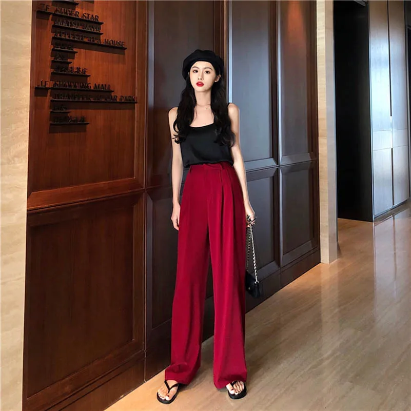 NiceMix Лето 2019 г. Свободные Повседневное Высокая талия мотобрюки костюм для женщин черный, красный широкие брюки модные