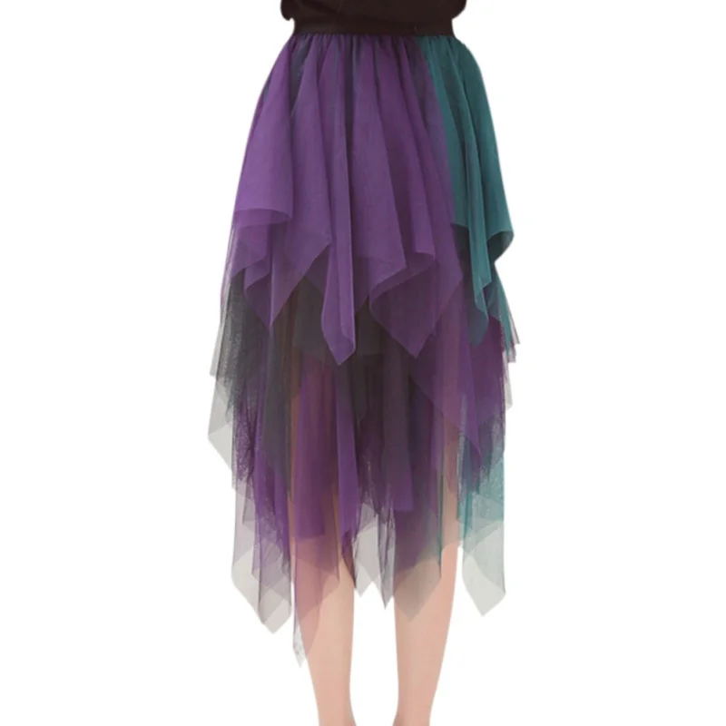 Женская летняя разноцветная сетчатая Милая стильная фатиновая юбка с высокой талией, неравномерные трапециевидные юбки для девочек T7