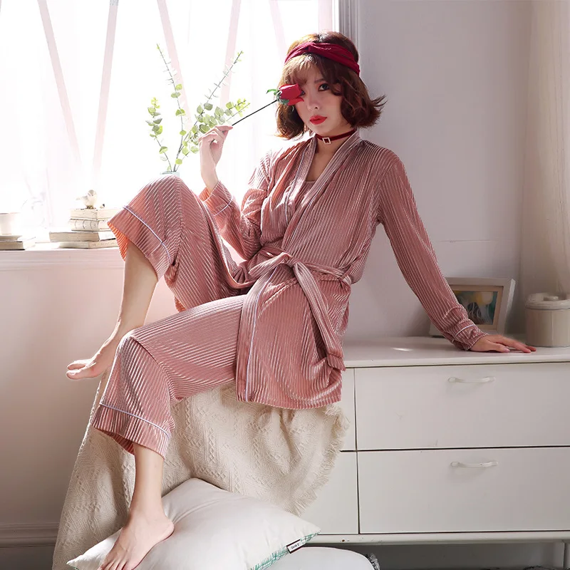 

Autumn Golden Velvet Sleepwear Three-piece Set Broad-legged trousers velvet pajamas long sleeve sling nightgowns home clothes