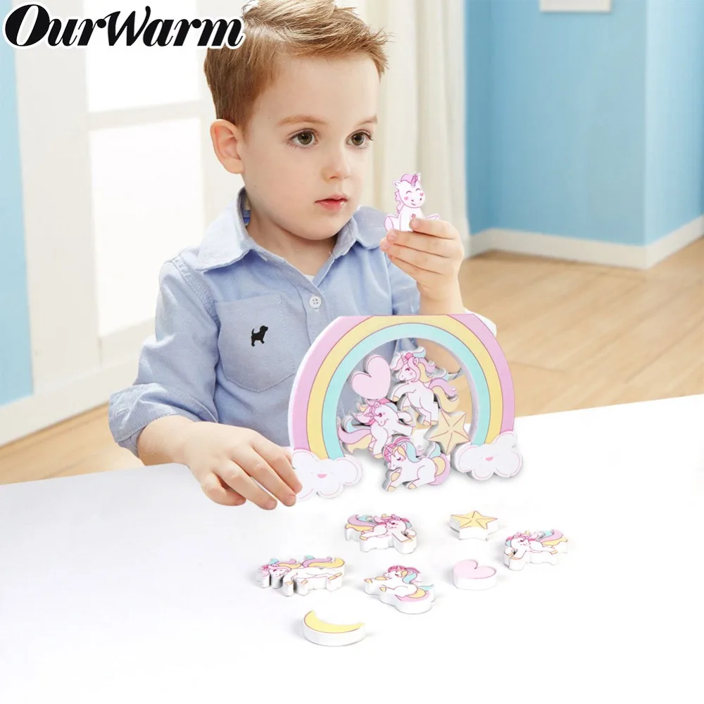 

OurWarm Unicorn Kids Party Wood Stacking Block Games Educational Animal Building Balancing Blocks Baby Girls Birthday Gift Decor