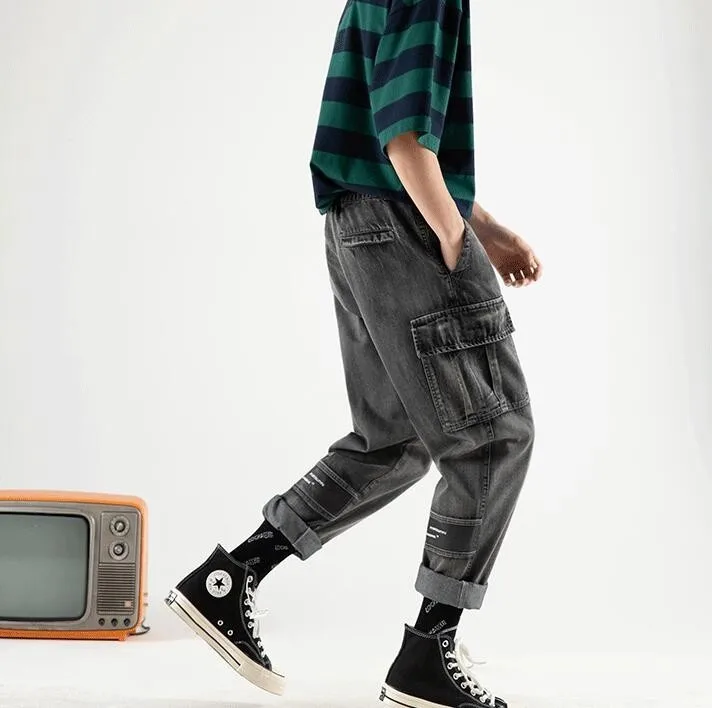 Новые летние джинсы для мужчин Мода ретро одноцветное цвет повседневное джинсовые штаны человек уличная дикий хип хоп Свободные