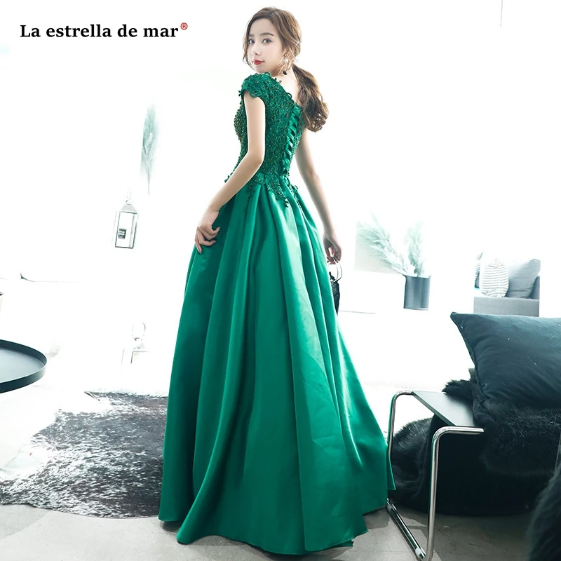 Vestido madrinha new Scoop neck lace satin short sleeve A Line green burgundy Muslim wedding guest dress long robe demoisell