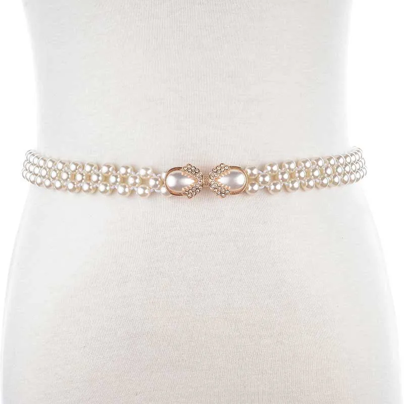 Новая мода Маленькая Золотая пряжка инкрустация имитация жемчуга эластичные ремни для женщин платье Украшение бантом женский ремень BL243 - Цвет: X Diamond bow