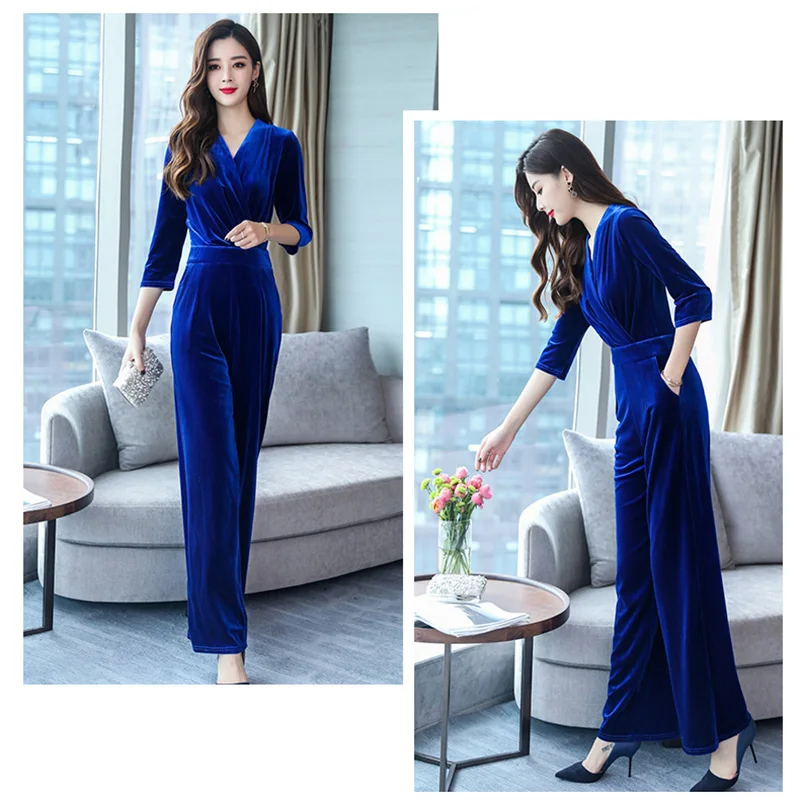 V Salopette Élégant Printemps Or Automne Partie Décontractée Femmes Taille Col Maxi Velours Travail En Haute D'affaires Bleu Cadrage ttOBUqY
