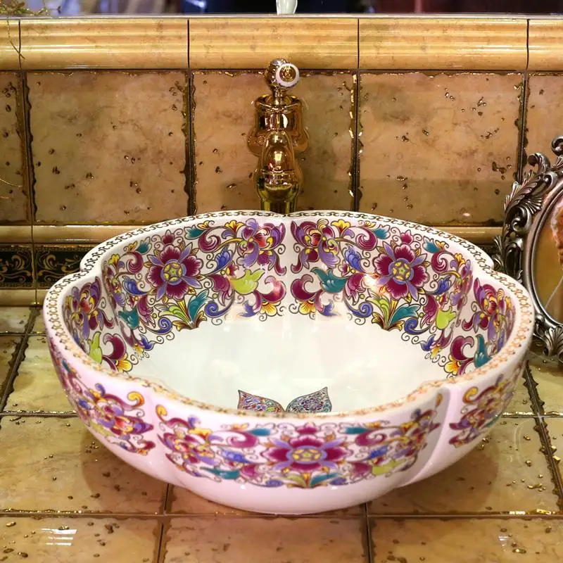 Europe Vintage Style Ceramic Art Basin Sinks Counter Top Wash Basin Bathroom Vessel Sinks