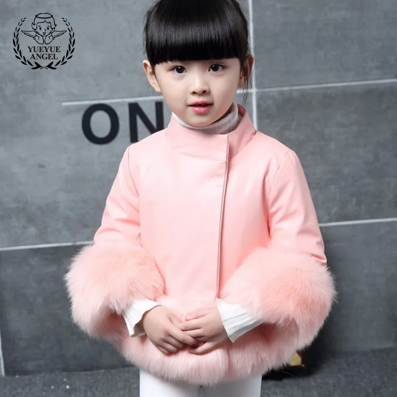 

2-11 Years Old Kids Winter Coat For Girl Pink Faux Fur Sleeve New Brand Cotton Warm Jacket Solid Outerwear Girls High Quality