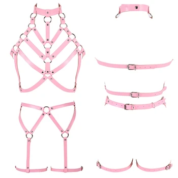 

Punk Thigh High Stockings with Garter Women Leather Body Harness Set Garter Belt Fashion Lingerie Cage Plus Size Festival Rave