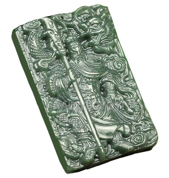 

Pretty Natural Green HeTian Jade Carved Chinese Sword GuanGong Amulet Lucky Pendant + Beads Necklace + Certificate Fine Jewelry