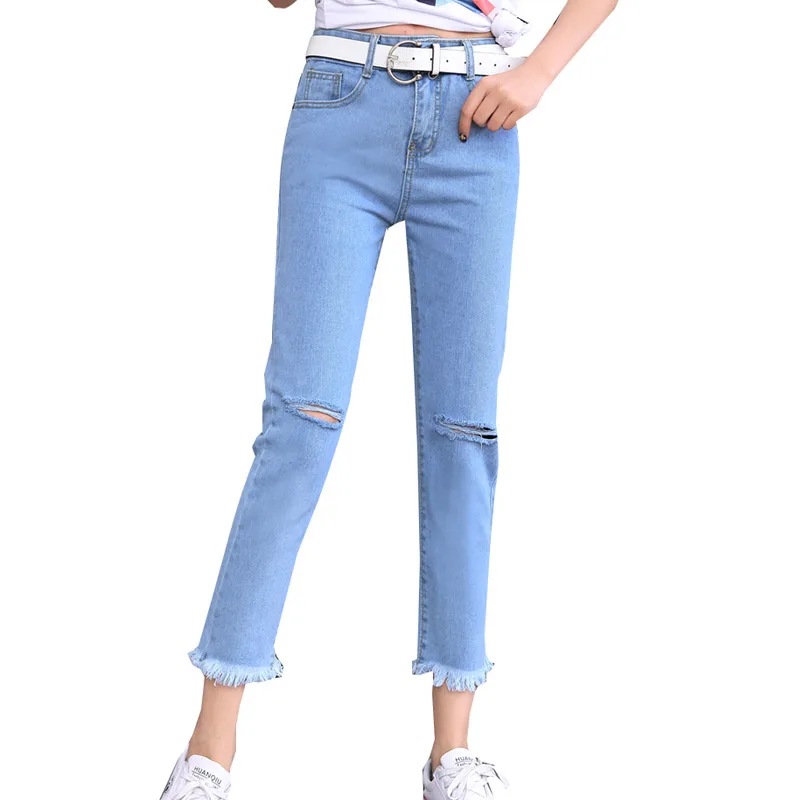 

LZMZA Skinny ripped jeans women Hole pocket denim jeans femme Streetwear zipper blue jeans pants trouser 2018 summer