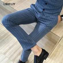 Духи Masculino Британский свадебное платье брюки корейских Slim Fit Мужские Брюки Мода полосой социальные брюки плюс Размеры