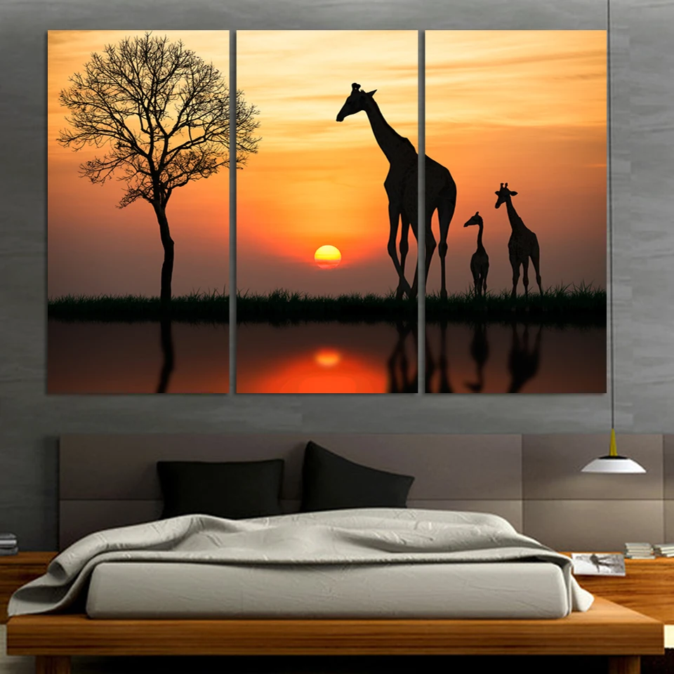 

3panel HD printing Canvas Painting Poster Animal of Giraffe Family Landscape Wall Pictures Living Room wall art (No Frame)D045