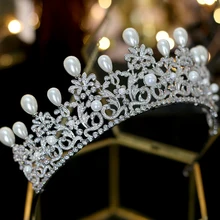 Europa nueva alta calidad циркония nupcial tiara perla corona boda accesorios novia accesorios para el cabello