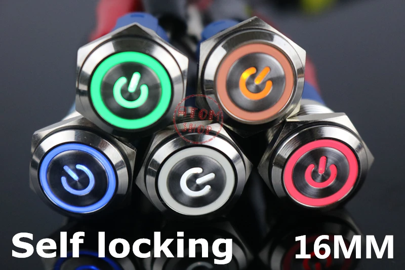 

1pcs 16 mm self-locking and Self reset metal button with light switch voltage 6 12 24 220V current waterproof rust power label