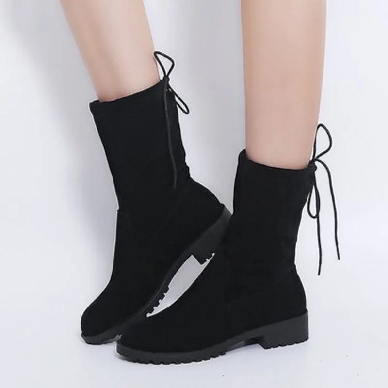 

MoBeiNi New Autumn and winter boots women's low square with round head solid color tie 2018 Martin boots flock mid-calf lace-up