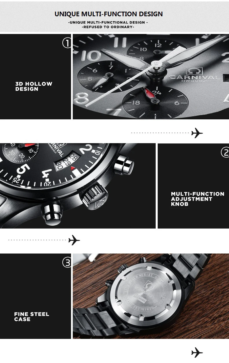 Карнавал новый роскошный для мужчин часы HD Световой Хронограф Кварцевые часы для мужчин календари водостойкие модные