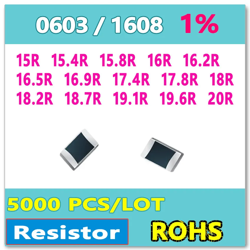 

JASNPROSMA OHM 0603 F 1% 5000pcs 15R 15.4R 15.8R 16R 16.2R 16.5R 16.9R 17.4R 17.8R 18R 18.2R 18.7R 19.1R 19.6R 20R smd 1608