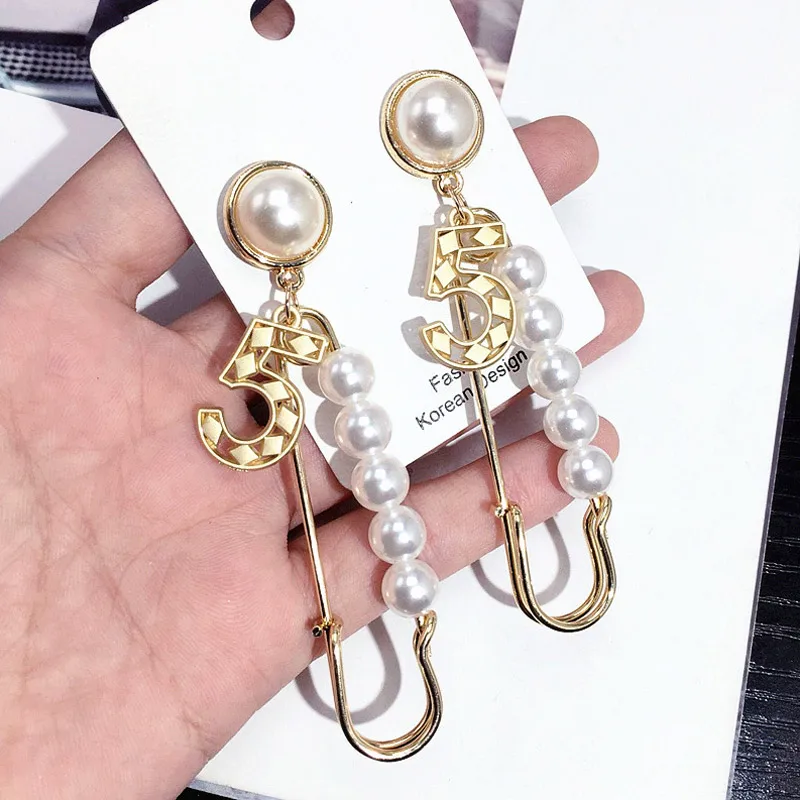 

Fashion Luxury Gold NO 5 Pin Earrings For Women Long Tassel Pearls Drop Dangle Earrings Brand Jewelry oorbellen