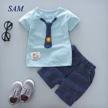 Коллекция года, летняя одежда для маленьких мальчиков новые комплекты повседневной одежды для мальчиков футболка с короткими рукавами и галстуком+ шорты в полоску комплект одежды из 2 предметов