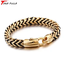 

2018 Fashion Black Braided Wrap Leather Mens Bracelets Bangles Cool Gold Color Stainless Steel Cuff Bracelet Male Jewelry Gift
