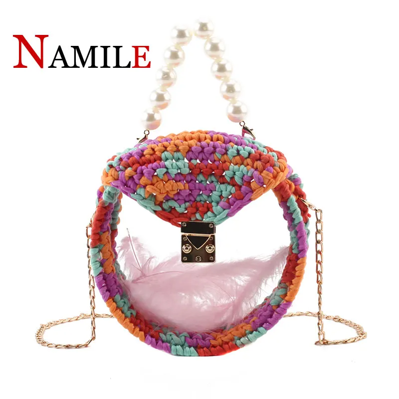 

2019 Summer Fashion Designer Women's Small Knit Transparent Bag Pearl Portable Round Bag Chain Shoulder Messenger Bag