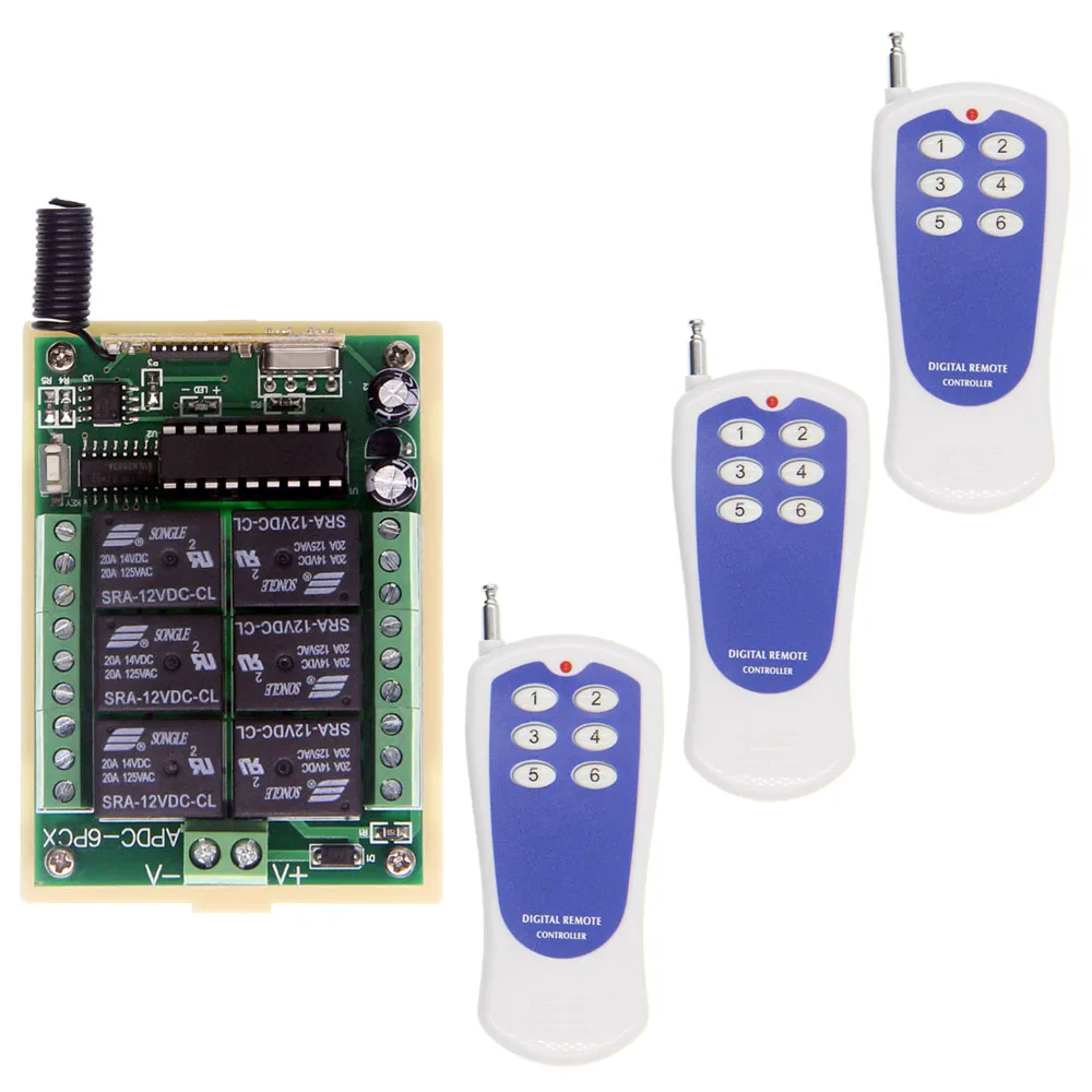

Universal DC 12V 24V 10A Relay 6CH 6 CH Wireless RF Remote Control Switch Transmitter+Receiver Module,315 / 433 MHz