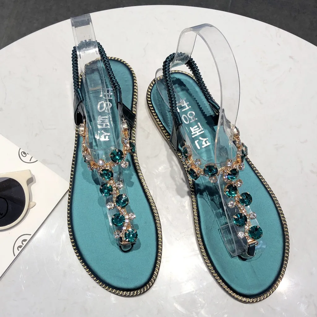 Women Thong flat casual Sandals Sequins T-Type Open Toe Rhinestone Flat Bottom Roman Sandals Shoes zapatos de mujer Dropshipping