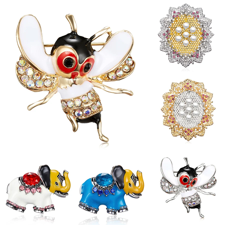 

Little Bee Brooches Rhinestone Elephant Animal Pin Brooch Enamel Cute Pearl Flower Pins Coat Lapel Jewelry Gifts For Women Men